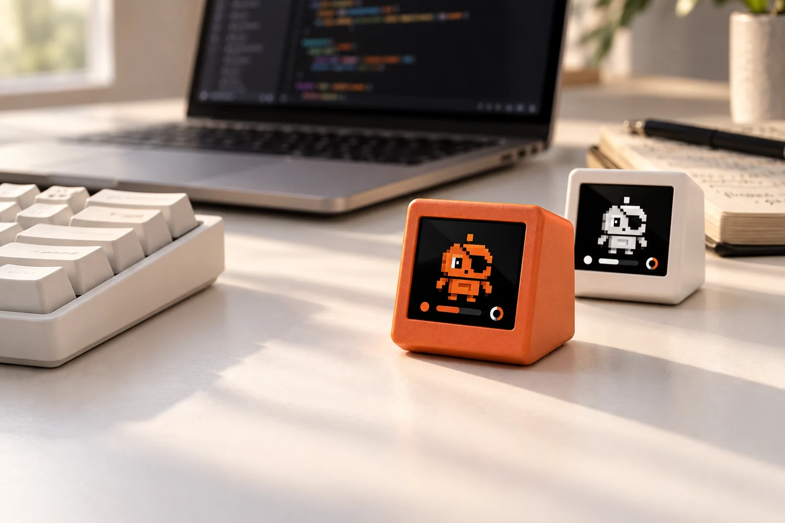 Mible Dots laranja e branco ao lado de um teclado e um notebook em uma mesa iluminada