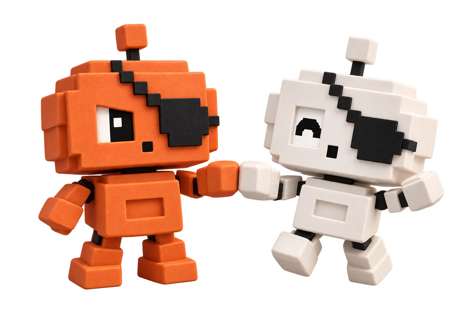 Dois robôs piratas Mible Dots, um laranja e um branco, se cumprimentam com os punhos